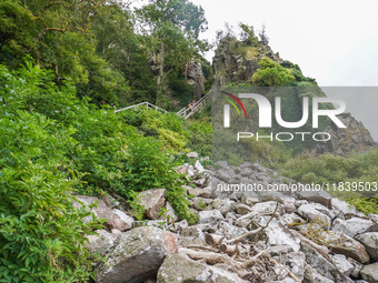 Jons Kapel high rocky cliff is seen on Bornholm Island, Denmark, on August 5, 2024. (