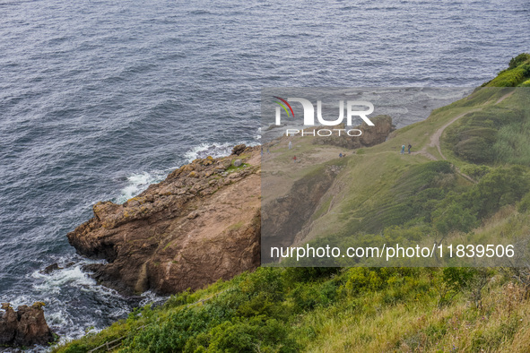 A high rocky cliff on the Baltic Sea coast near Hammershus Castle is seen on Bornholm Island, Denmark, on August 5, 2024. 