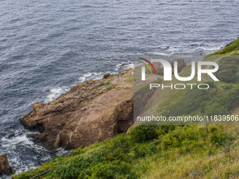 A high rocky cliff on the Baltic Sea coast near Hammershus Castle is seen on Bornholm Island, Denmark, on August 5, 2024. (