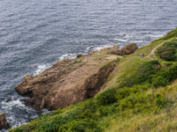 A high rocky cliff on the Baltic Sea coast near Hammershus Castle is seen on Bornholm Island, Denmark, on August 5, 2024. (