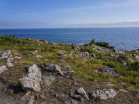 A high rocky cliff on the Baltic Sea coast near Hammershus Castle is seen on Bornholm Island, Denmark, on August 5, 2024. (