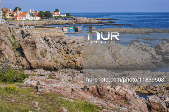 The rocky coast of the Baltic Sea is seen in Gudhjem, Bornholm Island, Denmark, on August 6, 2024. 