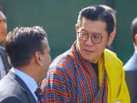 Bhutanese King Jigme Khesar Namgyel Wangchuk (center) tours Swayambhunath Stupa, a UNESCO World Heritage Site, during a five-hour transit in...