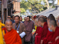 Bhutanese King Jigme Khesar Namgyel Wangchuk (center) arrives at Swayambhunath Stupa, a UNESCO World Heritage Site, during a five-hour trans...