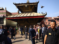 Bhutanese King Jigme Khesar Namgyel Wangchuk (center) tours Swayambhunath Stupa, a UNESCO World Heritage Site, during a five-hour transit in...