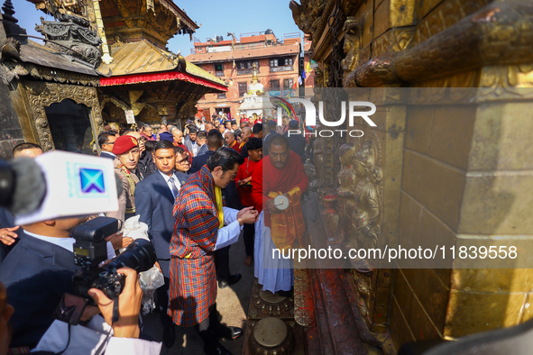 Bhutanese King Jigme Khesar Namgyel Wangchuk (center) performs rituals at Swayambhunath Stupa, a UNESCO World Heritage Site, during a five-h...