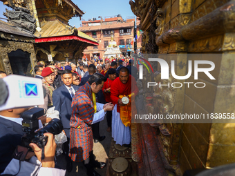 Bhutanese King Jigme Khesar Namgyel Wangchuk (center) performs rituals at Swayambhunath Stupa, a UNESCO World Heritage Site, during a five-h...