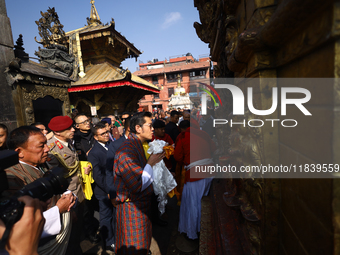 Bhutanese King Jigme Khesar Namgyel Wangchuk (center) performs rituals at Swayambhunath Stupa, a UNESCO World Heritage Site, during a five-h...