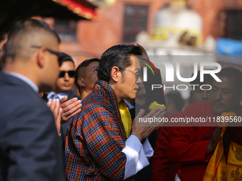 Bhutanese King Jigme Khesar Namgyel Wangchuk (center) performs rituals at Swayambhunath Stupa, a UNESCO World Heritage Site, during a five-h...