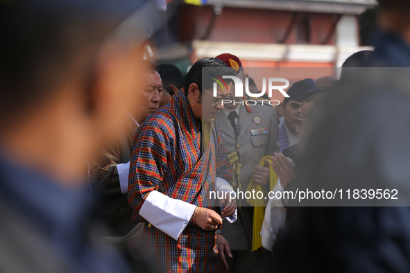 Bhutanese King Jigme Khesar Namgyel Wangchuk (center) interacts with locals at Swayambhunath Stupa, a UNESCO World Heritage Site, in Kathman...