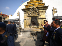 Bhutanese King Jigme Khesar Namgyel Wangchuk (right) tours Swayambhunath Stupa, a UNESCO World Heritage Site, during a five-hour transit in...