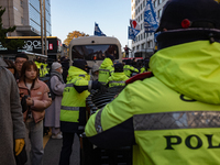 Police set up barricades in front of the People Power Party headquarters, the site of a rally by 11 media organizations, including the Natio...