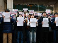 University students hold a protest in front of the People's Power Party headquarters in Seoul, South Korea, on December 6, 2024, condemning...