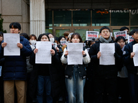 University students hold a protest in front of the People's Power Party headquarters in Seoul, South Korea, on December 6, 2024, condemning...