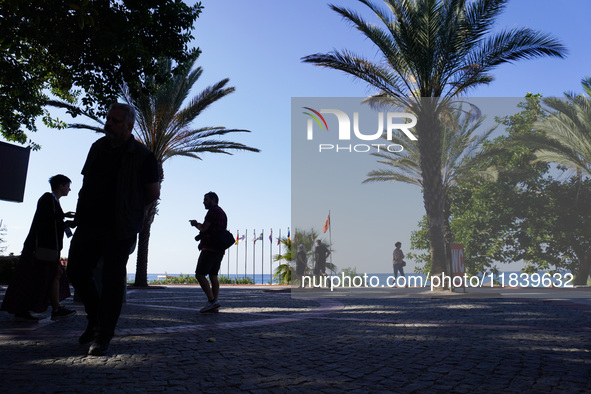 People hide in the shade of palm trees on a Mediterranean Sea coast in Alanya, Turkey, on November 5, 2024 