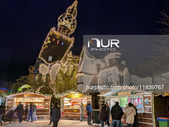 The KunstHaus (Art House) in Abensberg, Bavaria, Germany, on December 5, 2024, features Christmas illumination with its extremely sloping to...