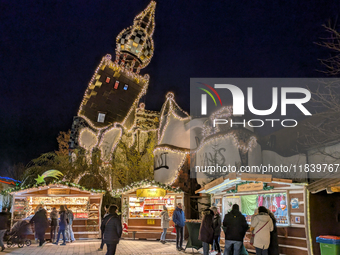 The KunstHaus (Art House) in Abensberg, Bavaria, Germany, on December 5, 2024, features Christmas illumination with its extremely sloping to...