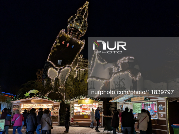 The KunstHaus (Art House) in Abensberg, Bavaria, Germany, on December 5, 2024, features Christmas illumination with its extremely sloping to...