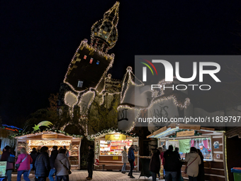 The KunstHaus (Art House) in Abensberg, Bavaria, Germany, on December 5, 2024, features Christmas illumination with its extremely sloping to...