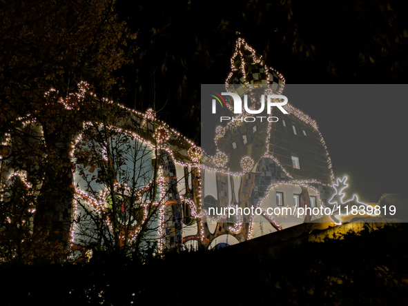 The KunstHaus (Art House) in Abensberg, Bavaria, Germany, on December 5, 2024, features Christmas illumination with its extremely sloping to...