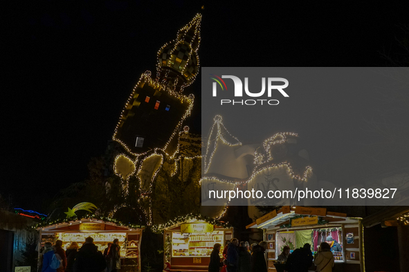 The KunstHaus (Art House) in Abensberg, Bavaria, Germany, on December 5, 2024, features Christmas illumination with its extremely sloping to...