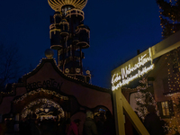 The Kuchlbauer Tower, designed by Friedensreich Hundertwasser, is illuminated for Christmas. In the historic center of Abensberg, Bavaria, G...