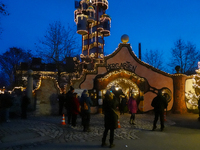 The Kuchlbauer Tower, designed by Friedensreich Hundertwasser, is illuminated for Christmas. In the historic center of Abensberg, Bavaria, G...