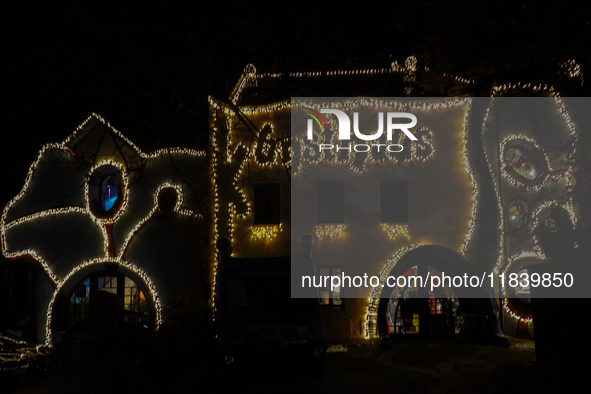 The KunstHaus (Art House) in Abensberg, Bavaria, Germany, on December 5, 2024, features Christmas illumination with its extremely sloping to...