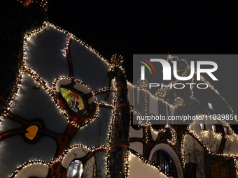 The KunstHaus (Art House) in Abensberg, Bavaria, Germany, on December 5, 2024, features Christmas illumination with its extremely sloping to...