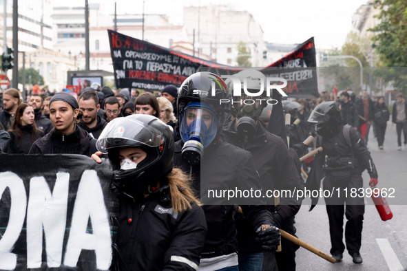 People protest in Athens, Greece, on December 6, 2024, marking the 16th anniversary of the death of 15-year-old Alexis Grigoropoulos, who is...