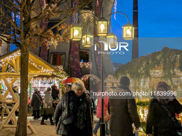 The Christmas Market at Kuchlbauer Turm, Kuchlbauer Tower, in Abensberg, Bavaria, Germany, on December 5, 2024, becomes a festive destinatio...