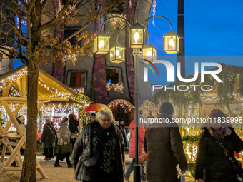 The Christmas Market at Kuchlbauer Turm, Kuchlbauer Tower, in Abensberg, Bavaria, Germany, on December 5, 2024, becomes a festive destinatio...