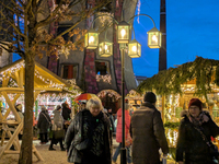 The Christmas Market at Kuchlbauer Turm, Kuchlbauer Tower, in Abensberg, Bavaria, Germany, on December 5, 2024, becomes a festive destinatio...