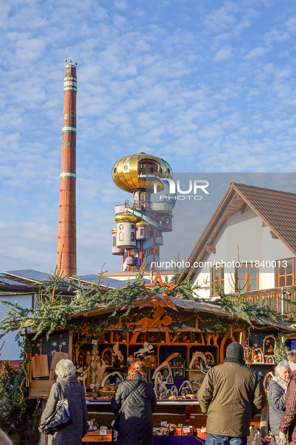 The Christmas Market at Kuchlbauer Turm, Kuchlbauer Tower, in Abensberg, Bavaria, Germany, on December 5, 2024, becomes a festive destinatio...