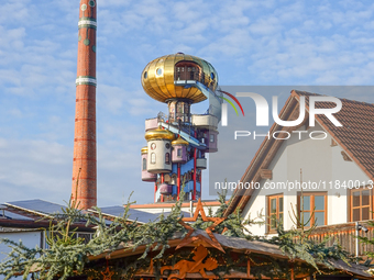 The Christmas Market at Kuchlbauer Turm, Kuchlbauer Tower, in Abensberg, Bavaria, Germany, on December 5, 2024, becomes a festive destinatio...