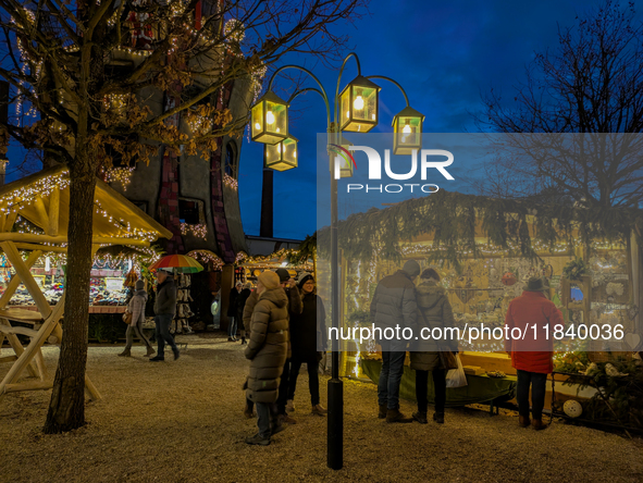 The Christmas Market at Kuchlbauer Turm, Kuchlbauer Tower, in Abensberg, Bavaria, Germany, on December 5, 2024, becomes a festive destinatio...