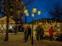 The Christmas Market at Kuchlbauer Turm, Kuchlbauer Tower, in Abensberg, Bavaria, Germany, on December 5, 2024, becomes a festive destinatio...