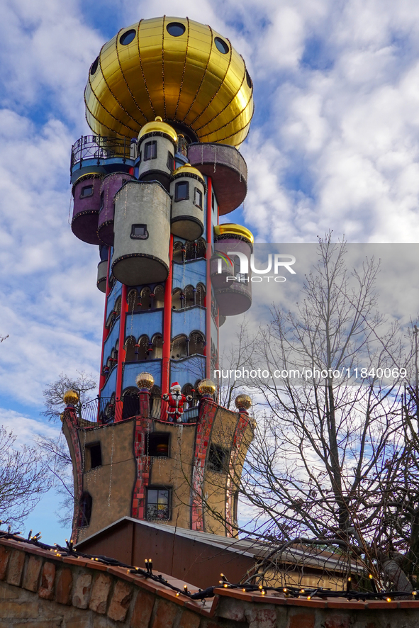 The Christmas Market at Kuchlbauer Turm, Kuchlbauer Tower, in Abensberg, Bavaria, Germany, on December 5, 2024, becomes a festive destinatio...