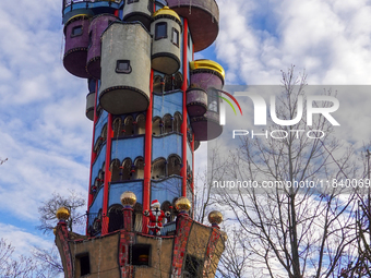 The Christmas Market at Kuchlbauer Turm, Kuchlbauer Tower, in Abensberg, Bavaria, Germany, on December 5, 2024, becomes a festive destinatio...