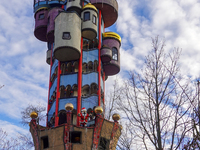 The Christmas Market at Kuchlbauer Turm, Kuchlbauer Tower, in Abensberg, Bavaria, Germany, on December 5, 2024, becomes a festive destinatio...