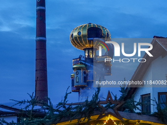 The Christmas Market at Kuchlbauer Turm, Kuchlbauer Tower, in Abensberg, Bavaria, Germany, on December 5, 2024, becomes a festive destinatio...