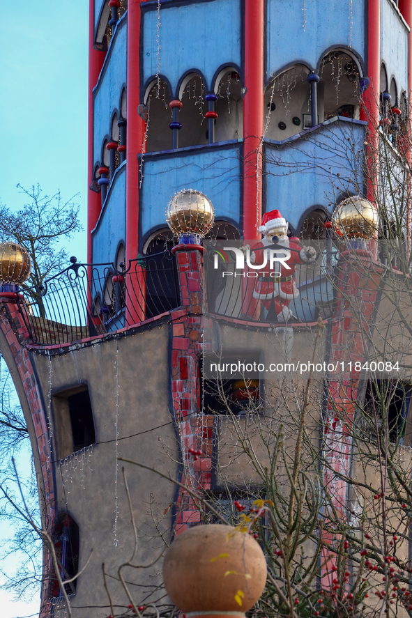 The Christmas Market at Kuchlbauer Turm, Kuchlbauer Tower, in Abensberg, Bavaria, Germany, on December 5, 2024, becomes a festive destinatio...