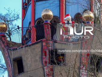 The Christmas Market at Kuchlbauer Turm, Kuchlbauer Tower, in Abensberg, Bavaria, Germany, on December 5, 2024, becomes a festive destinatio...