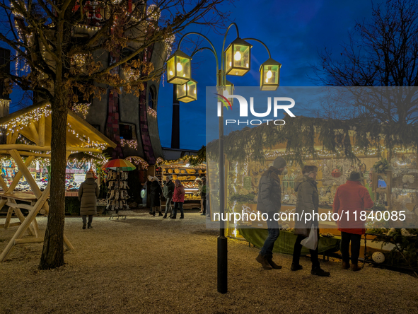 The Christmas Market at Kuchlbauer Turm, Kuchlbauer Tower, in Abensberg, Bavaria, Germany, on December 5, 2024, becomes a festive destinatio...