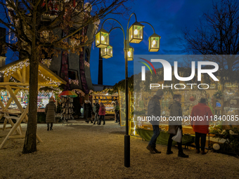 The Christmas Market at Kuchlbauer Turm, Kuchlbauer Tower, in Abensberg, Bavaria, Germany, on December 5, 2024, becomes a festive destinatio...