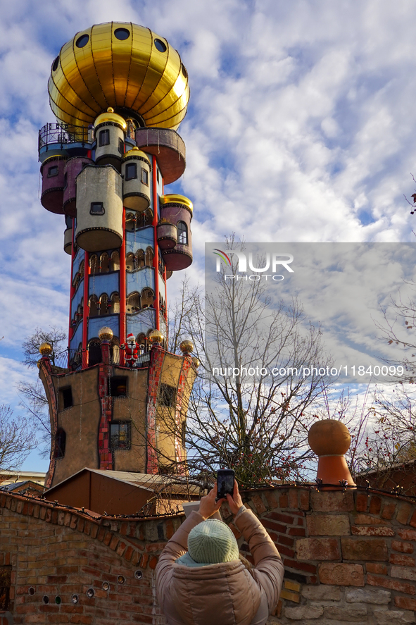 The Christmas Market at Kuchlbauer Turm, Kuchlbauer Tower, in Abensberg, Bavaria, Germany, on December 5, 2024, becomes a festive destinatio...