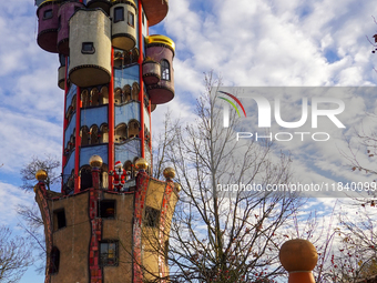 The Christmas Market at Kuchlbauer Turm, Kuchlbauer Tower, in Abensberg, Bavaria, Germany, on December 5, 2024, becomes a festive destinatio...