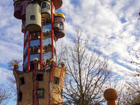 The Christmas Market at Kuchlbauer Turm, Kuchlbauer Tower, in Abensberg, Bavaria, Germany, on December 5, 2024, becomes a festive destinatio...