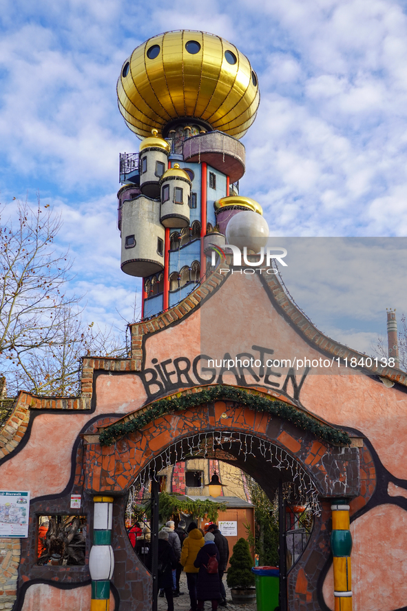 The Christmas Market at Kuchlbauer Turm, Kuchlbauer Tower, in Abensberg, Bavaria, Germany, on December 5, 2024, becomes a festive destinatio...