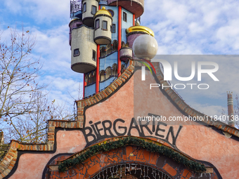 The Christmas Market at Kuchlbauer Turm, Kuchlbauer Tower, in Abensberg, Bavaria, Germany, on December 5, 2024, becomes a festive destinatio...